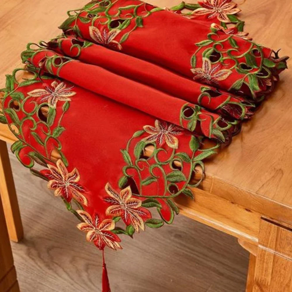 Christmas Table Runner Red Embroidered Decorative Cloth Holiday Decor Decoration